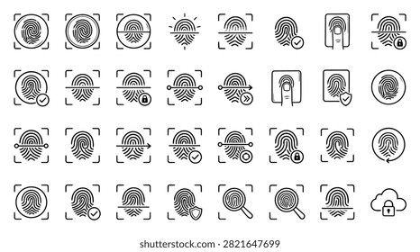 A set of various fingerprint icons representing security, identification, and biometrics in a clean line art style.