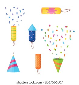 A set of various firecrackers with confetti for the holiday. Vector illustration