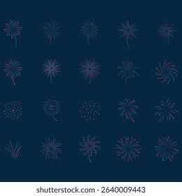 Set of various firework illustrations in red and blue on a dark background.  The images vary in style, from traditional radiating shapes to more abstract designs.