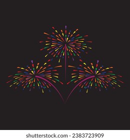 set of various fireworks with brightly shining sparks. Colorful pyrotechnics show. Realistic fireworks celebration isolated vector illustration. Beautiful light performance in night sky