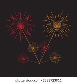 set of various fireworks with brightly shining sparks. Colorful pyrotechnics show. Realistic fireworks celebration isolated vector illustration. Beautiful light performance in night sky