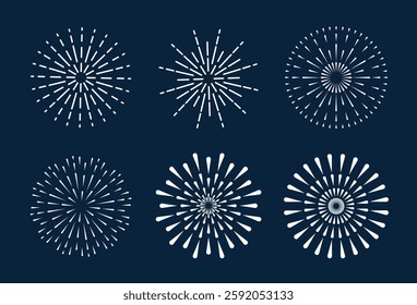 Set of various fireworks isolated on blue background. Pyrotechnics show icons. Festive decoration for birthday, new year, festival, wedding. Vector illustration