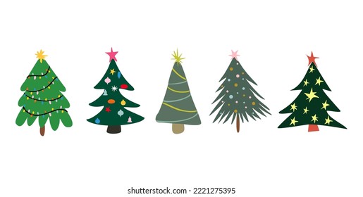 Set of various firs, pines or spruces decorated with baubles, garland, lights, stars. Bundle of winter coniferous forest Christmas trees isolated. Holiday vector illustration in doodle style.