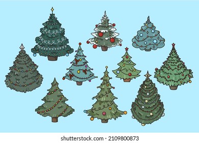 Set of various fir-trees decorated with balls and garlands. Collection of Christmas trees with decoration. New Year and winter holiday celebration. Flat vector illustration. 