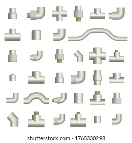 Set of various fittings and connections for plastic pipes, isolated on white background. Front view, vector illustration.