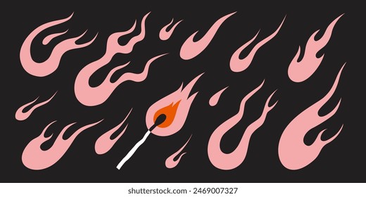 Set with various flames, fire and match in y2k aesthetic, vintage cartoon, old school tattoo neo tribal style. Trendy modern vector illustration, hand drawn, flat design