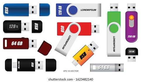 set of various flash drive or set of usb flash drive or colorful flash drive isolated on white background