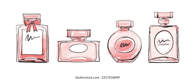 Un conjunto de frascos y botellas para perfume, colonia, agua perfumada. Estilo moderno de sketch, acuarela de moda, diseño vintage. Ilustración vectorial dibujada a mano aislada en fondo blanco.