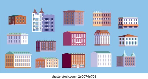 Set of various flat city buildings icons. Including European classic houses, Scandinavian style with attics, houses with shops on the ground floors. Handmade drawing vector Illustration. Clip art.