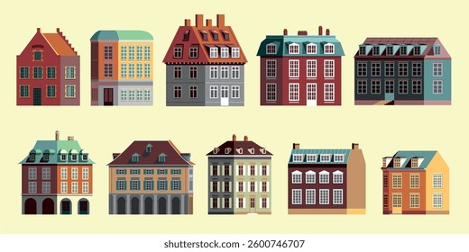Set of various flat city buildings icons. Including European classic houses, Scandinavian style with attics, houses with shops on the ground floors. Handmade drawing vector Illustration. Clip art.