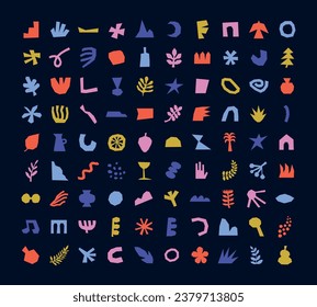 Set of various flat, colorful, simple and abstract vector shapes. Collection of isolated elements in naive, cut-out style. Minimalist cute illustrations.