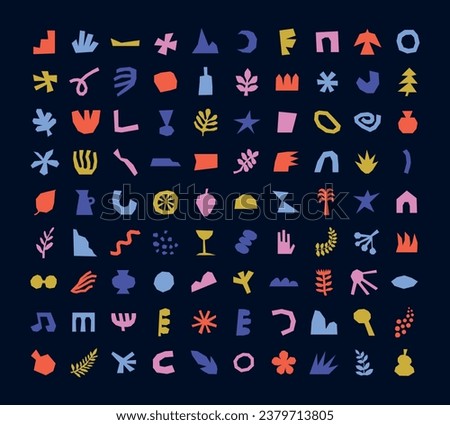 Set of various flat, colorful, simple and abstract vector shapes. Collection of isolated elements in naive, cut-out style. Minimalist cute illustrations.