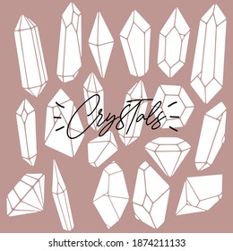Set of various flat crystals, diamonds, gemstones, minerals, rhinestones, birthstones. Hand drawn. Abstract, spiritual, witchy, boho logo collection. Polygonal shapes. Vector flat geometric style.