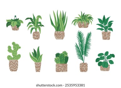 Un conjunto de varias ilustraciones de plantas de casa plana