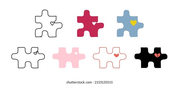 Set of various flat jigsaw puzzle pieces with little hearts. Continuous line drawing for relationship concept or dating app. Minimalist vector illustration for couple anniversary, marriage therapy