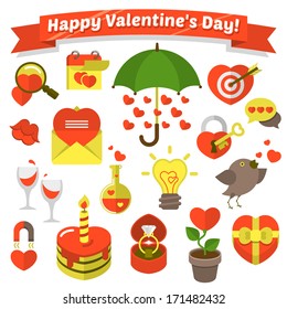 Set of various flat love symbols for Valentine's Day with greeting label