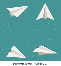 Set of various flat style illustration elements paper planes flying on green background