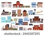 Set of various flat urban building icons. Isolated municipal courthouse, hospital, fire station, police, airport, factory, post office, pharmacy, bank on a white background. Vector illustrations.