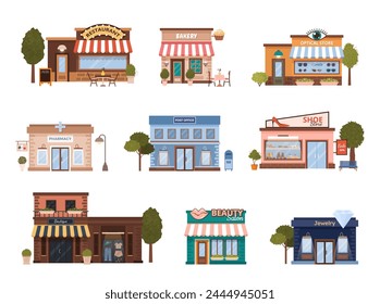 Set of various flat urban building icons. Isolated municipal restaurant, post office, jewelry, pharmacy, boutique, optics store, shoe store, beauty salon on white background. Vector illustrations.