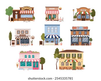 Conjunto de vários ícones de edifícios urbanos planos. Edifícios municipais isolados, café, cafeteria, peixe, italiano, restaurante de pizza, sorveteria, padaria em um fundo branco. Ilustrações vetoriais. Clip-art