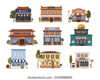 Set of various flat urban building icons. Isolated municipal buildings, cafe, coffee shop, Italian, Chinese, Indian, pizza, fast food restaurants, sushi on a white background. Vector illustrations.