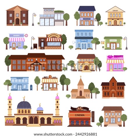 Set of various flat urban building icons. Isolated municipal library, bank, pharmacy, post office, school, pet shop, museum, bakery, mosque, beauty salon on a white background. Vector illustrations.