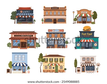Set of various flat urban building icons. Isolated municipal buildings, cafe, coffee shop, Italian, Chinese, Indian, pizza, fast food restaurants, sushi on a white background. Vector illustrations.