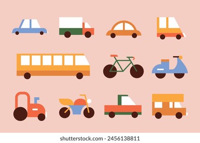 Conjunto de varios vehículos de Vector plano. Ilustración mínima de coche, camión, autobús, dos ruedas, motocicleta, scooter, furgoneta, bicicleta y tractor