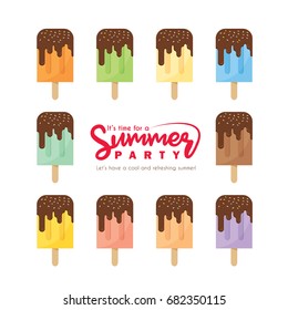 Set of various flavor popsicles with chocolate cream, jimmies sprinkles topping isolated on white background. Rainbow color popsicles collection.