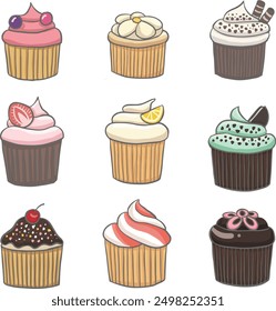 Set of various flavored cute cupcakes cake hand draw doodle collection set for birthday party