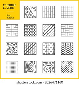 Set of various floor and materials. Parquet, laminate, plank, floor tiles concept. Editable stroke icons.