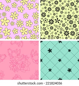 The set of various flower bright contrast seamless girly backgrounds for spring or summer design