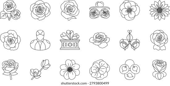 Set of various flower featuring different rose shapes, blooming petals, and floral arrangements in a clean black and white line style