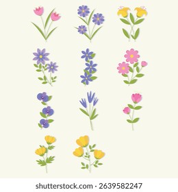 Set of various flowers in different colors displayed in an artistic design.  The flowers have simple, flat shapes and muted colors.  The overall style is colorful and springtime.
