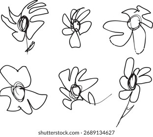 set of various flowers drawn by children in line art style, for various designs on children's themes
