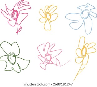 Satz von verschiedenen Blumen von Kindern in Linie Kunststil gezeichnet, in verschiedenen Farben gezeichnet, für verschiedene Designs zu Kinderthemen	