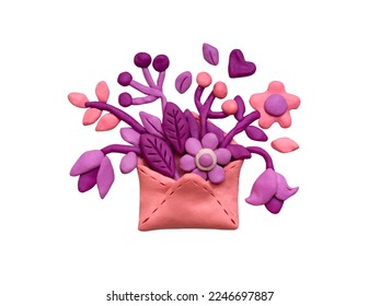 Verschiedene Blumen, Blätter und Kräuter in einen Plastikumschlag setzen. rosafarbene und lila Plastiktöne, 3D-Illustration einzeln auf weißem Hintergrund, süße Teigform.  