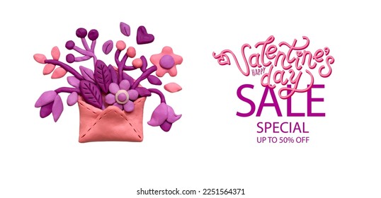 Set various flowers, leaves, herbs in a plasticine envelope. Pink and lilac plasticine clay 3D illustration isolated on white background, cute dough shape. St. Valentine's Day sale