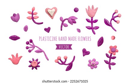 Set various flowers, leaves, herbs and plasticine hearts. Pink and lilac plasticine clay 3D illustration isolated on white background, cute dough shape