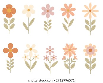 Um conjunto de várias flores em um estilo plano simples em cores quentes para decoração e design