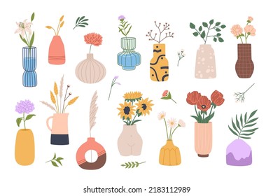 Set of various flowers in vases. Blooming plants, dried bouquets, green branches in elegant glassware and pottery. Hand drawn vector illustration isolated on white background. Flat cartoon style.