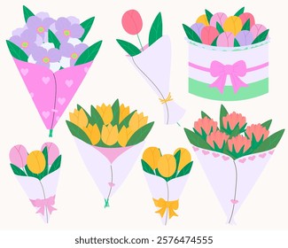 Set with various flowers in wrapping paper. Bouquets for Women`s day and Mother`s day. Modern isolated vector illustration.