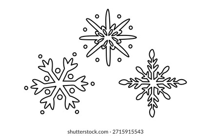 A set of various fluffy snowflakes doodle. Frozen ice decor. Minimalist winter crystal elements for festive greeting cards, seasonal Christmas decor, or weather-themed graphic design.