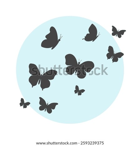 Set of various flying butterflies vector illustration. Black flying butterflies vector silhouette illustration. Symbol of nature and insect.