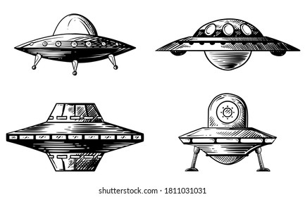 Set of various flying saucers. Hand drawn vector illustrations.