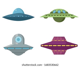 Set verschiedener fliegender Untertassen. UFO im Cartoon-Stil einzeln auf weißem Hintergrund.