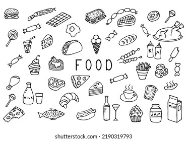 Set of various food and drinks in doodle style. Hand Drawn. Freehand drawing. Sketch. Outline. 