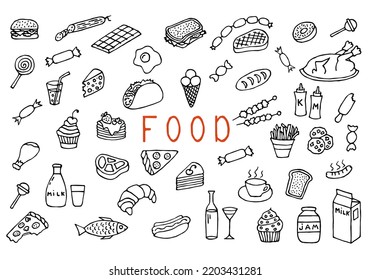Set of various food and drinks in doodle style. Hand Drawn. Freehand drawing. Sketch. Outline.	