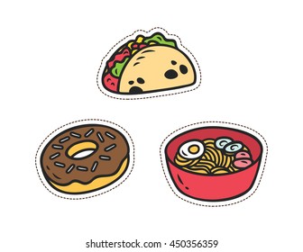 Set of various food patch isolated on white background