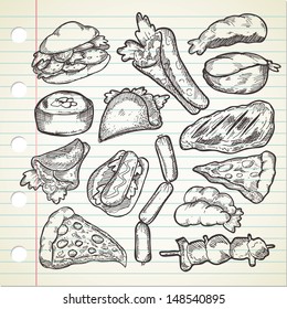 Set of various food in sketchy style